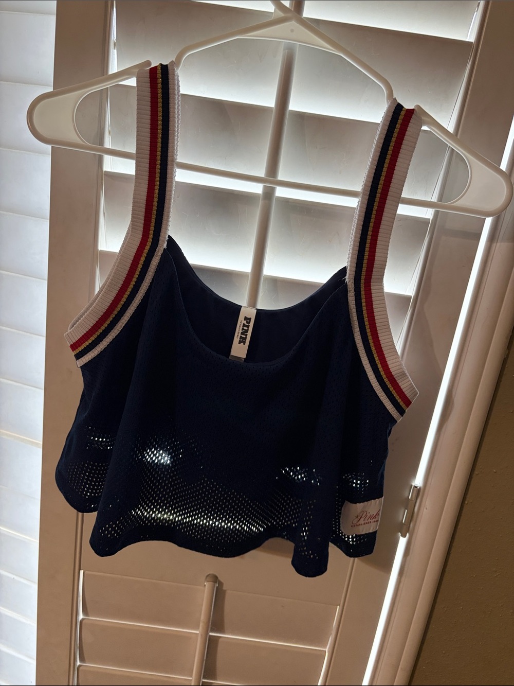 PINK Victoria's Secret Navy Mesh Crop Tank with Multicolor Striped Straps